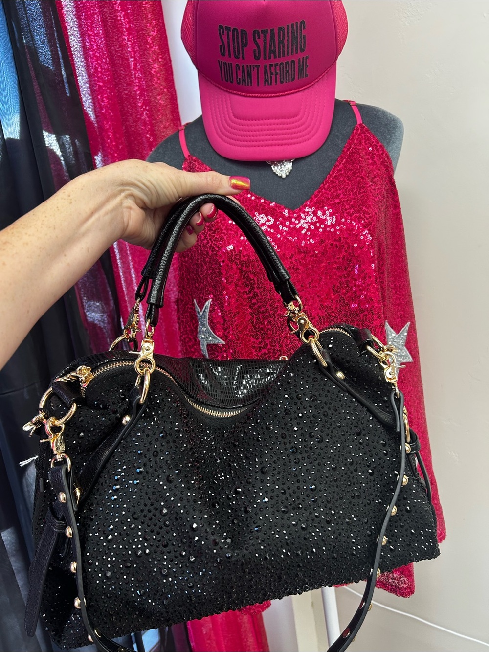 Black Crystal-Embellished Women’s Satchel Bag